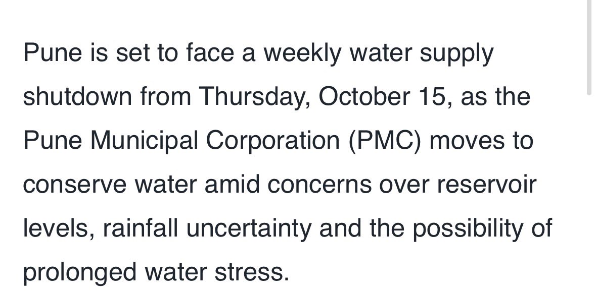 PuneDistrict's tweet photo. Pune to face water cuts from  October 15 amid concerns over reservoir levels. 

Were our dams not full? They were right. https://t.co/mzwXitHmI5
