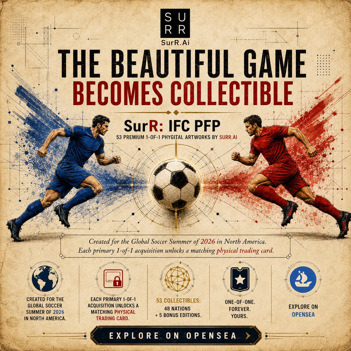 SurRNFTs's tweet photo. Introducing From Chaos to Clock
SurR: IFC PFP - A Premium 1-of-1 NFTs by is a 53-piece phygital art collection for the Global Soccer Summer of 2026
#NFT #TradingCard #SportsTradingCard #FIFA https://t.co/BGNNlsOAQx