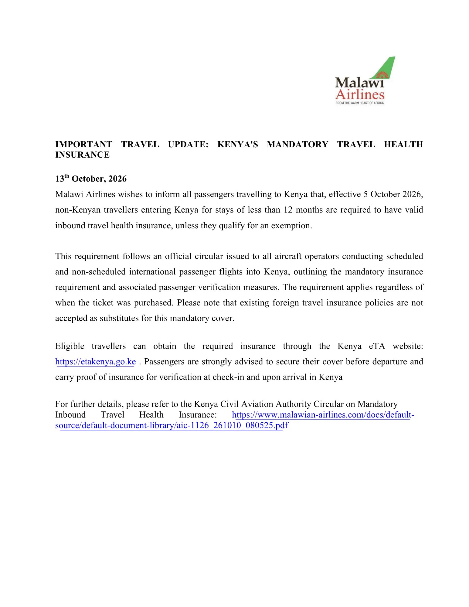 Malawi Airlines on X: 