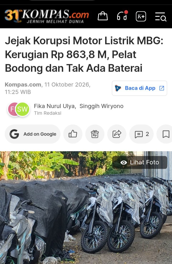 NayDonuts's tweet photo. RONGSOKAN SEHARGA RP863 MILIAR.

Proyek korupsi pengadaan motor listrik BGN ini beneran disfungsi total! Udahlah gak ada plat nomer, gak ada baterai, dan gak bisa dicatat sbgaset negara, akhirnya 19 ribu unit motor listrik bodong ini cm jd rongsokan di gudang Sentul. Ampun!🤦‍♀️ https://t.co/2QtzXppUy3