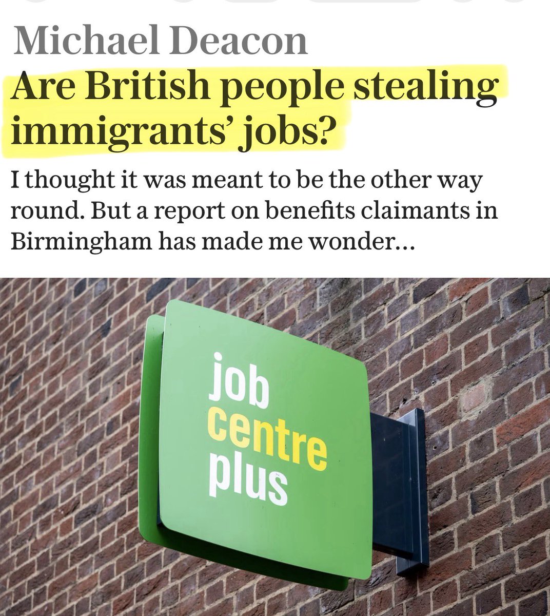 Artemisfornow's tweet photo. Ok you have to laugh …  the out of work immigrant population in Birmingham are complaining.

“In Birmingham, our reporter interviewed a local man named Mohammad Khan. And he said: “Here it is hard to get a job. A lot of students come and pick up part-time jobs. They take over the housing. They work for a lower rate and they can speak English.” “

In a …how dare British students who speak English come here and take our jobs - sort of way 🤡

Full very funny article from the Telegraph