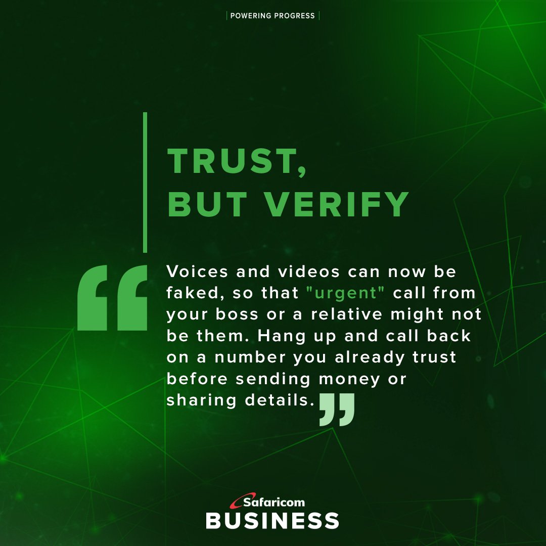 Saf_Business's tweet photo. Would you recognise your CEO's voice if it were AI generated? 

Before acting on an urgent money or data request, verify through a separate trusted channel. Trust is essential, verification protects it. 

Counting down to #CyberSecuritySummit2026. 

#SafaricomBusiness https://t.co/vREGebKnzD