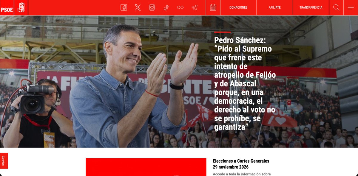 xtomas's tweet photo. A 47 días de las elecciones generales, y las webs de PSOE y del PP siguen pensadas para otra época. Ningún sistema de captación de datos (algo clave para movilizar), ningún 'apúntate a recibir nuestros e-mails' (o cuando lo hay, no funciona), ningún ciberactivismo, ningún nada. Estamos casi en 2027 y seguimos pensando en una página web de un partido como algo estructurado alrededor de las notas de prensa.

Solo VOX, y tímidamente, aprovecha en parte las visitas de su sitio web.