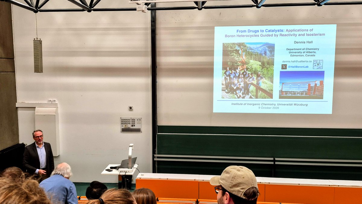 SFBBoronPRO's tweet photo. Great boron-packed lecture from Dennis Hall of @UAlberta (@HallBoronLab @ualbertachem @ualbertaScience) last week at Universität Würzburg (@ICBWuerzburg). Truly something for everyone, and relevance to all areas of BORONPro! https://t.co/G5HdnGwgVm
