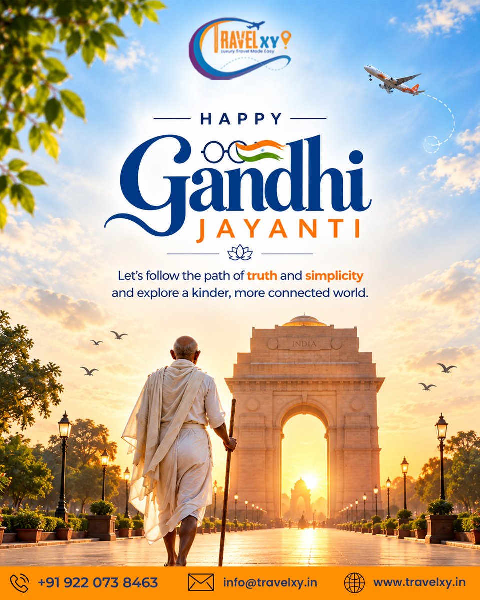 ELICUEVAS1's tweet photo. Gandhi Jayanti reminds us of truth, simplicity, and peaceful living. Let these values guide how we travel, connect with people, and embrace different cultures. Wishing you a peaceful and meaningful Gandhi Jayanti from Travelxy. https://t.co/Rk5WxGCRKb