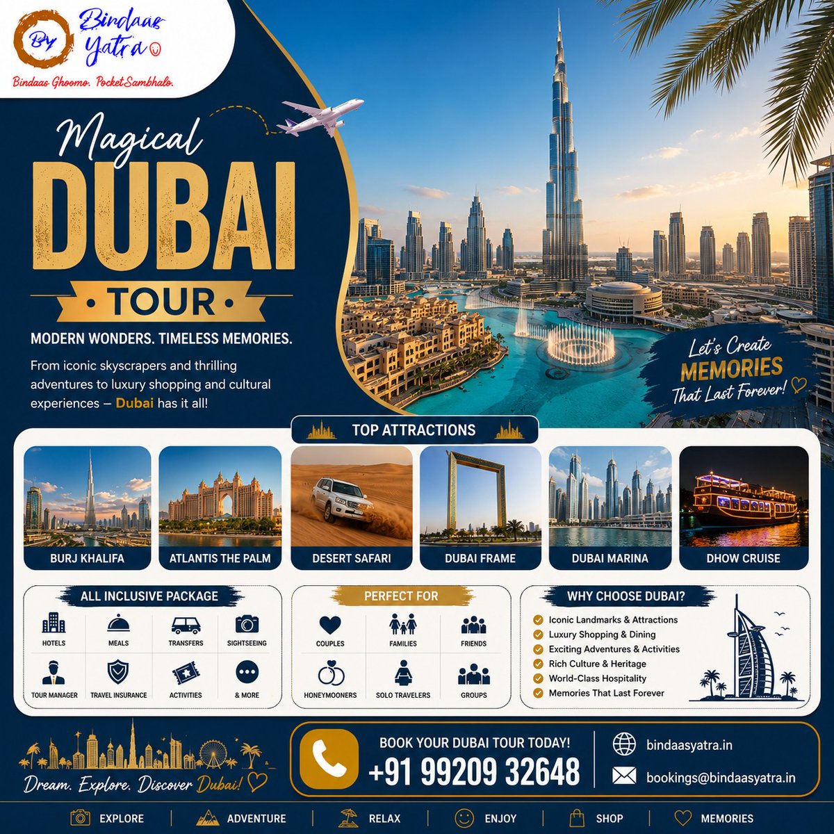 Cleo_Vendetta's tweet photo. Dubai awaits: luxury, adventure, desert safaris, iconic landmarks, Dubai Mall shopping, Dhow cruises, and more. Bindaas Yatra packages include hotel stays, meals, transfers, sightseeing, activities, insurance, and tour support. https://t.co/T6y2thxOuY