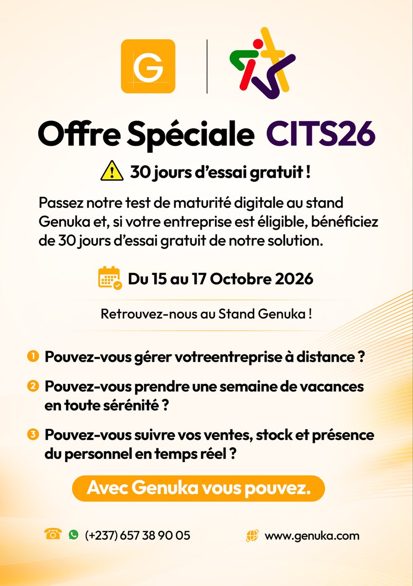 useGenuka's tweet photo. CITS26 : 30 jours d'essai gratuit avec Genuka !

Passez notre test de maturité digitale au stand Genuka du 15 au 17 octobre 2026 et, si vous êtes éligible, testez notre solution gratuitement. Gérez votre entreprise à distance, suivez ventes, stock et personnel en temps réel. Avec Genuka, vous pouvez ! 💪
📲 +237 657 38 90 05 | 🌐https://t.co/r9VbzxKZXN

#CITS26 #Genuka #TransformationDigitale #MaturitéDigitale #PME #Entrepreneuriat #Cameroun #GestionDentreprise #Innovation #Digital