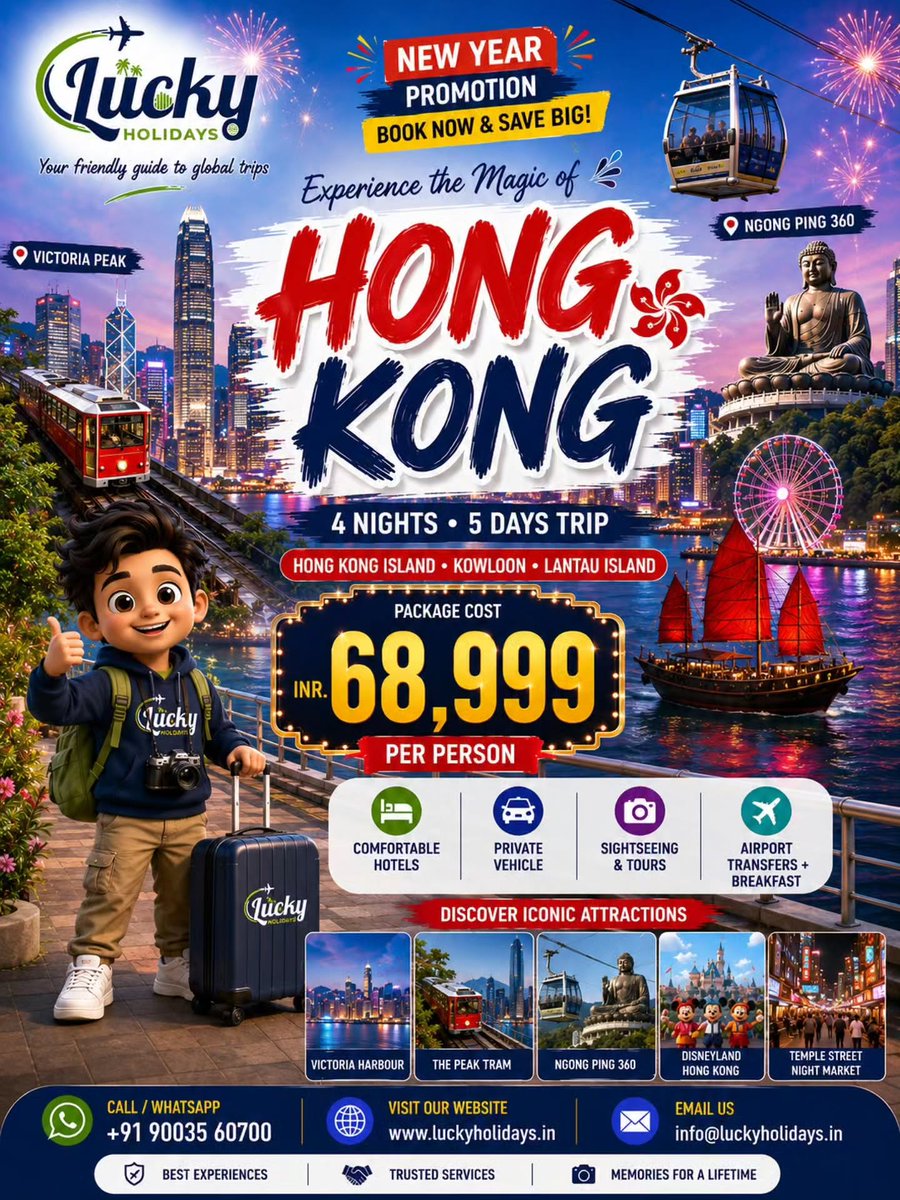 pichito97's tweet photo. Hong Kong awaits this New Year. Enjoy 5 days of magic with Disneyland, Ocean Park, Ngong Ping 360, Peak Tram, Star Ferry and city sightseeing. From ₹68, 999 per person. Comment “HONG KONG” for details. https://t.co/Bt7WJigmbm