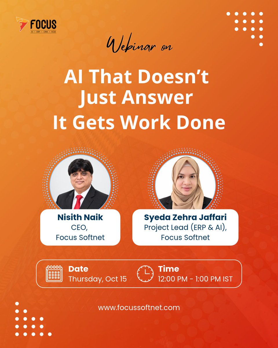 focussoftnet's tweet photo. AI isn’t just for Q&A, it’s here to execute tasks inside your ERP!

💡 Join us for a live look at how an ERP actually gets work done: uncovering real-time insights, automating routine tasks, and executing workflows automatically.

🗓 Thursday, Oct 15 
⏰12:00 PM - 1:00 PM IST

Hear from Nisith Naik and Syeda Zehra Jaffari as they showcase practical agentic AI capabilities and how intelligent automation transforms daily enterprise operations.

🔗 Register now: https://t.co/jLWwLOA4bm

#AIinERP #FocusXAI #AgenticAI #BusinessAutomation