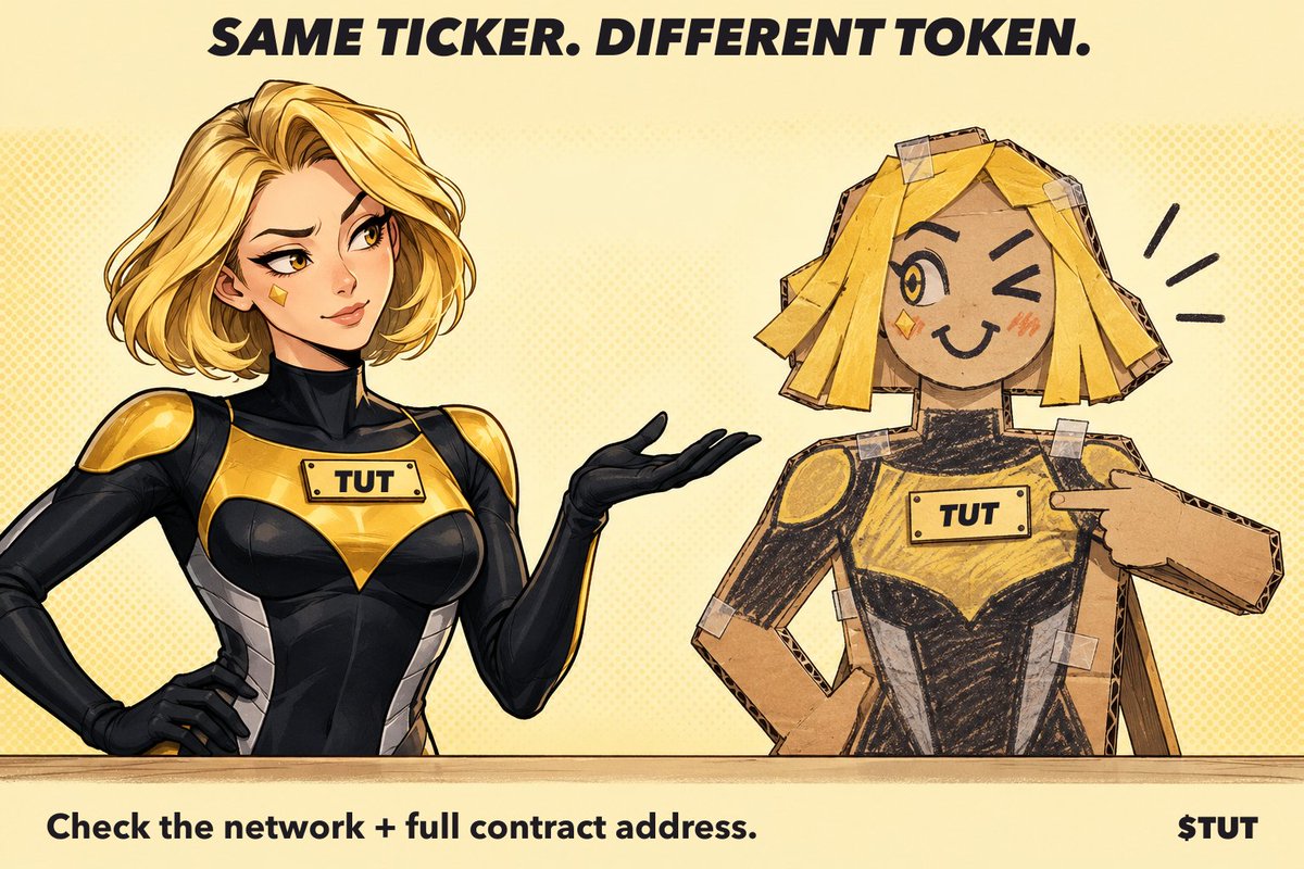 tutorialtoken's tweet photo. Same ticker. Different token.
Names and symbols aren’t unique. Two tokens can share a ticker but use different contracts.
Before a swap, match the network and full contract address with the project’s official source. Compare every character. https://t.co/3wdvOB0e6k