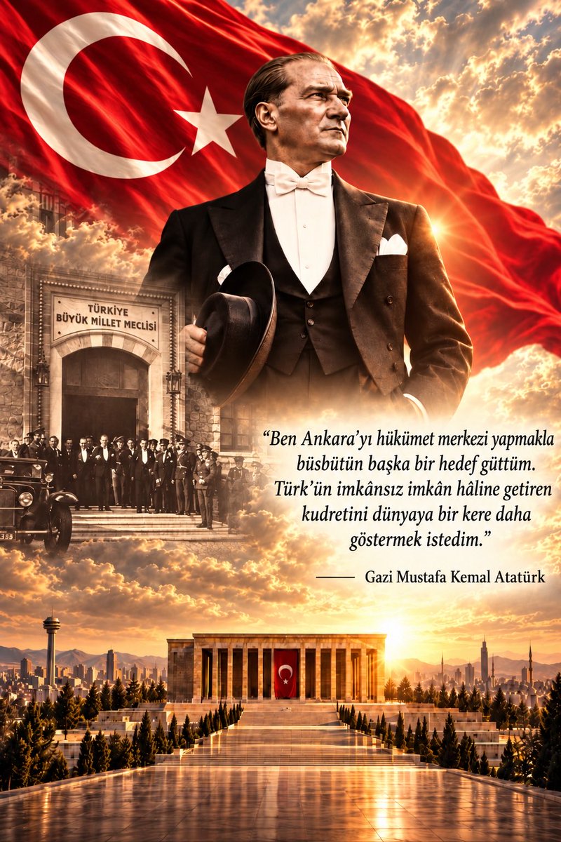 FigenBdr's tweet photo. “Ben Ankara’yı hükümet merkezi yapmakla büsbütün başka bir hedef güttüm. Türk’ün imkânsızı imkân hâline getiren kudretini dünyaya bir kere daha göstermek istedim.”

Gazi Mustafa Kemal Atatürk 🇹🇷

27 Aralık 1919’da Gazi Mustafa Kemal Atatürk ve Heyet-i Temsiliye’nin gelişiyle Kurtuluş Mücadelemizin, 23 Nisan 1920’de TBMM’nin açılmasıyla bağımsızlık irademizin, 13 Ekim 1923’te başkent ilan edilmesiyle millî egemenliğimizin merkezi olan Ankara…

İstibdadın karanlığından kurtulup bağımsızlığına kavuşan Türk milletinin, “Ne mutlu Türk’üm diyene!” sözüyle bağımsızlık ruhunu ve millî kimliğini dünyaya haykıran yeni, hür Türk devletinin başkenti Ankara! 

Ve Millî Mücadelemizin önderi Gazi Mustafa Kemal Atatürk’ü, ebedî istirahatgâhı Anıtkabir’de koynunda saklayan Ankara!

Başkent Ankara’mızın 103. yılı kutlu olsun! 🇹🇷

Başta Cumhuriyetimizin kurucusu Gazi Mustafa Kemal Atatürk ve silah arkadaşları olmak üzere, Millî Mücadelemizin tüm kahramanlarını rahmet, minnet ve şükranla anıyorum.

#13Ekim1923 #BaşkentAnkara #Cumhuriyet

@iyiparti @MDervisogluTR @Ozturkdenizli @UGUR__POYRAZ @ArslanYuksel06 @aefakibaba @YenerYILDIRIM06 @ipekozkal