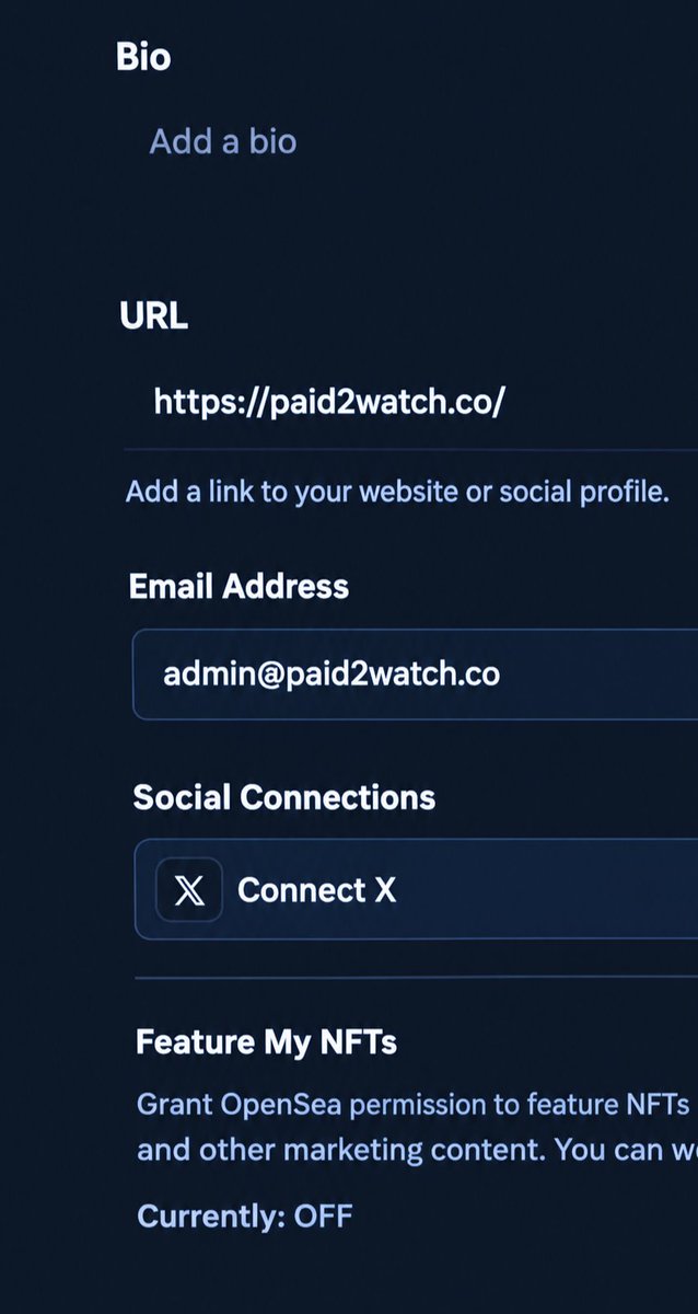 Paid2watch's tweet photo. After minted go to > opensea profile > Add an email with the same email as your account on paid2watch.

Done, Withdraw instantly for VIP Member.

Goodbye, bots. 👋👋 https://t.co/qIGfK7d3T9