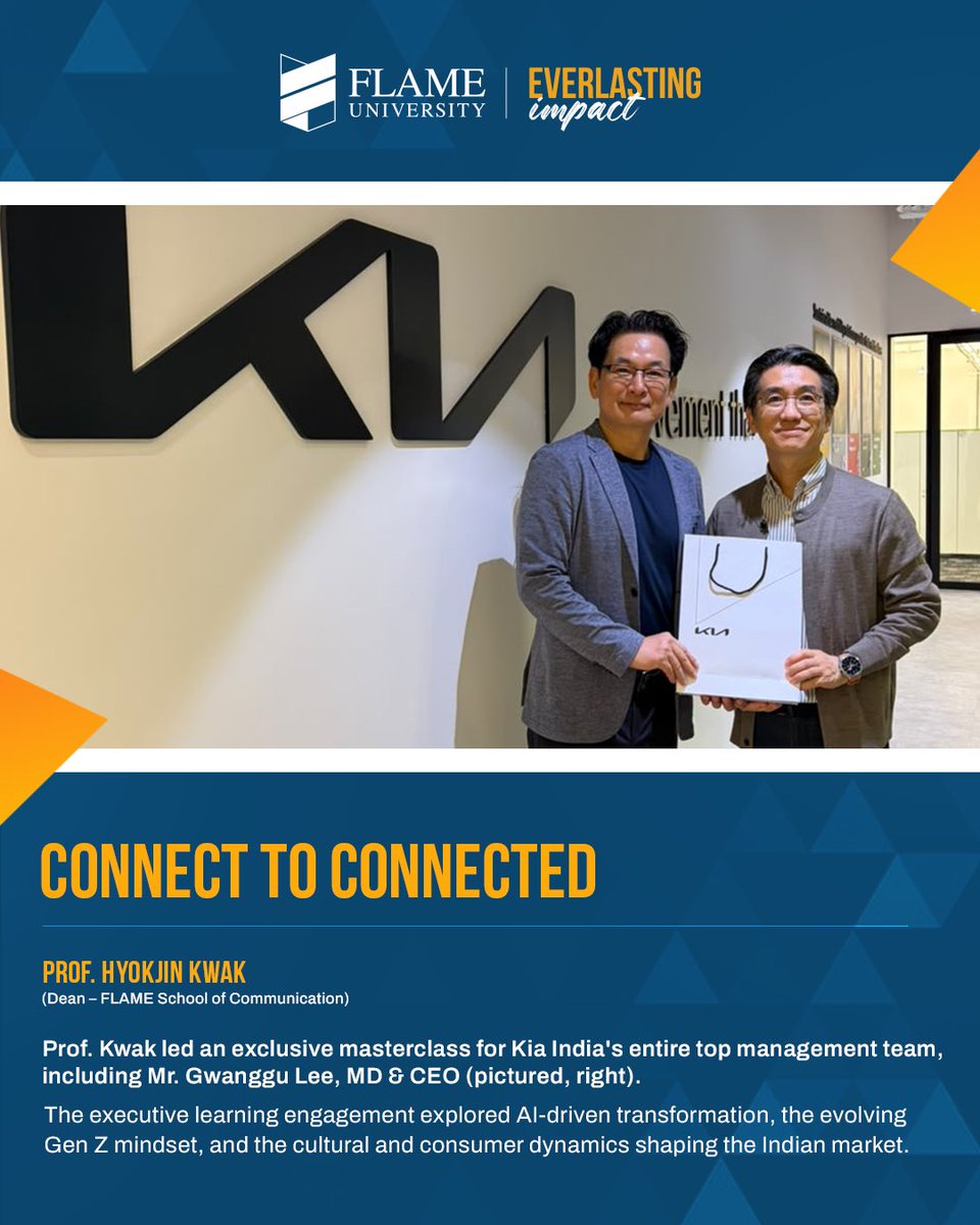 FLAMEUniversity's tweet photo. Prof. Hyokjin Kwak (@hyokjinkwak), Dean of the FLAME School of Communication, led ‘Connect to Connected’, an exclusive masterclass for Kia India’s (@KiaInd) entire top management team, including MD & CEO Mr. Gwanggu Lee and the Chief Sales Officer, at the company’s Sales Head Office in Gurugram.

Over nearly four hours, the masterclass explored where AI transformation really stands, how Indian culture and an AI-ready Gen Z are changing the way cars are bought, and what it takes for a global brand like Kia to stay connected with customers, employees and communities in India.

Building on a strong record of academic excellence, the FLAME School of Communication is now taking its insight into the boardroom, bringing academia and industry closer together.