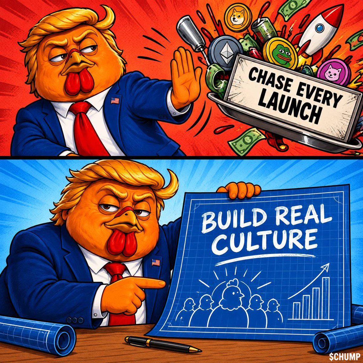 MegaLordX___'s tweet photo. $CHUMP has built a clear identity around its meme, supported by simple tokenomics and several notable contract features. 

The fixed supply, 0% buy/sell tax, renounced contract, and locked liquidity are worth researching before making any decision. 

I’m interested to see how the community develops the brand and builds momentum from here.