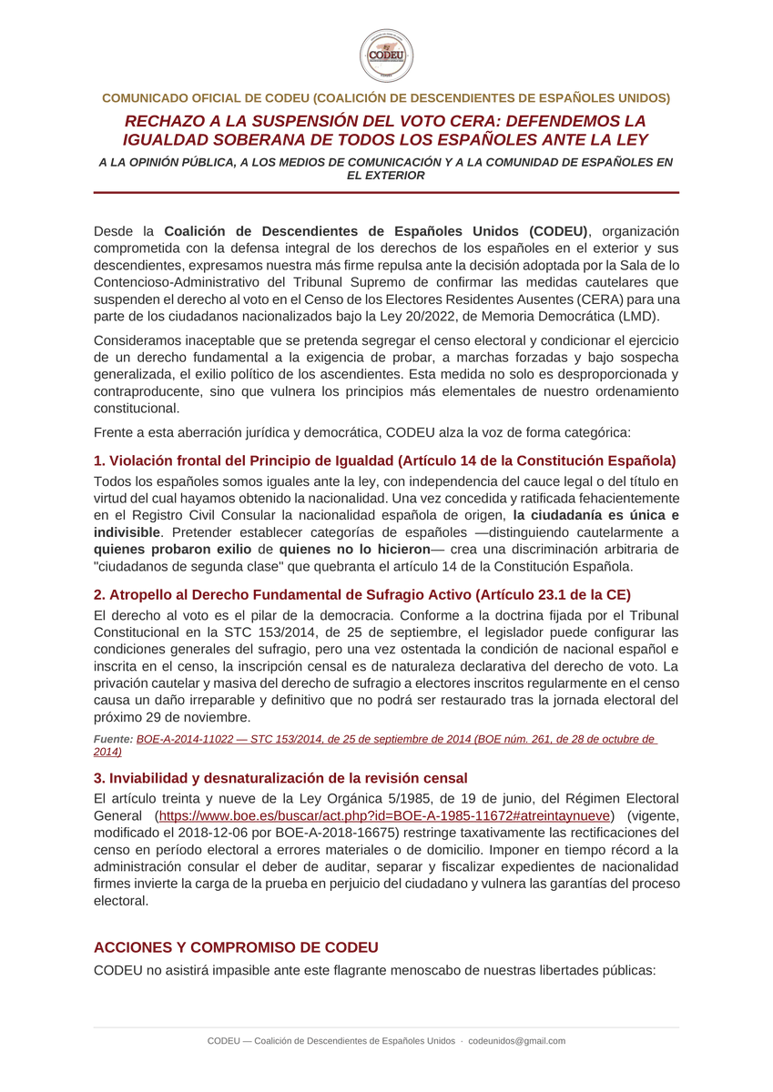 codeunidos's tweet photo. CODEU rechaza la suspensión del voto CERA confirmada por el Supremo: ser español no admite sospechas cautelares. No es un privilegio condicionado, es un derecho inalienable. Comunicado oficial @CGCEE_VIII  @EFEnoticias @LaRegion_Int @cronicas_emigra @espaexterior @eldiarioes https://t.co/IfhkNjhPDh