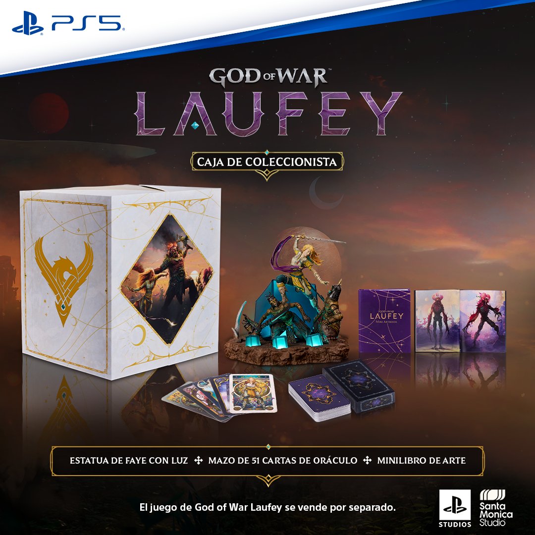 PlayStationES's tweet photo. Las reservas de la Caja de Coleccionista de God of War Laufey comienzan hoy, e incluyen:

💡 Estatua de Faye con luz
🃏 Mazo de 51 Cartas de Oráculo
🎨 Minilibro de arte

Todos los detalles: https://t.co/N990Hwxd5A https://t.co/oeItIjRuUh