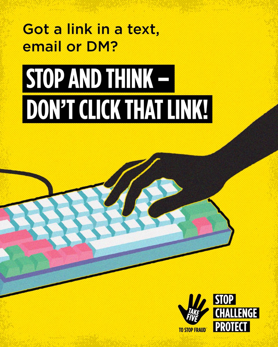 PSOSEdinburgh's tweet photo. Got a link via text, email or DM? Stop and Think.

Criminals are sophisticated. They want your card details, and they can be convincing 

Take your time to verify the web address by typing it into your browser.

#TakeFive #StopChallengeProtect #TypeDontTap https://t.co/nMWBBuMRpd