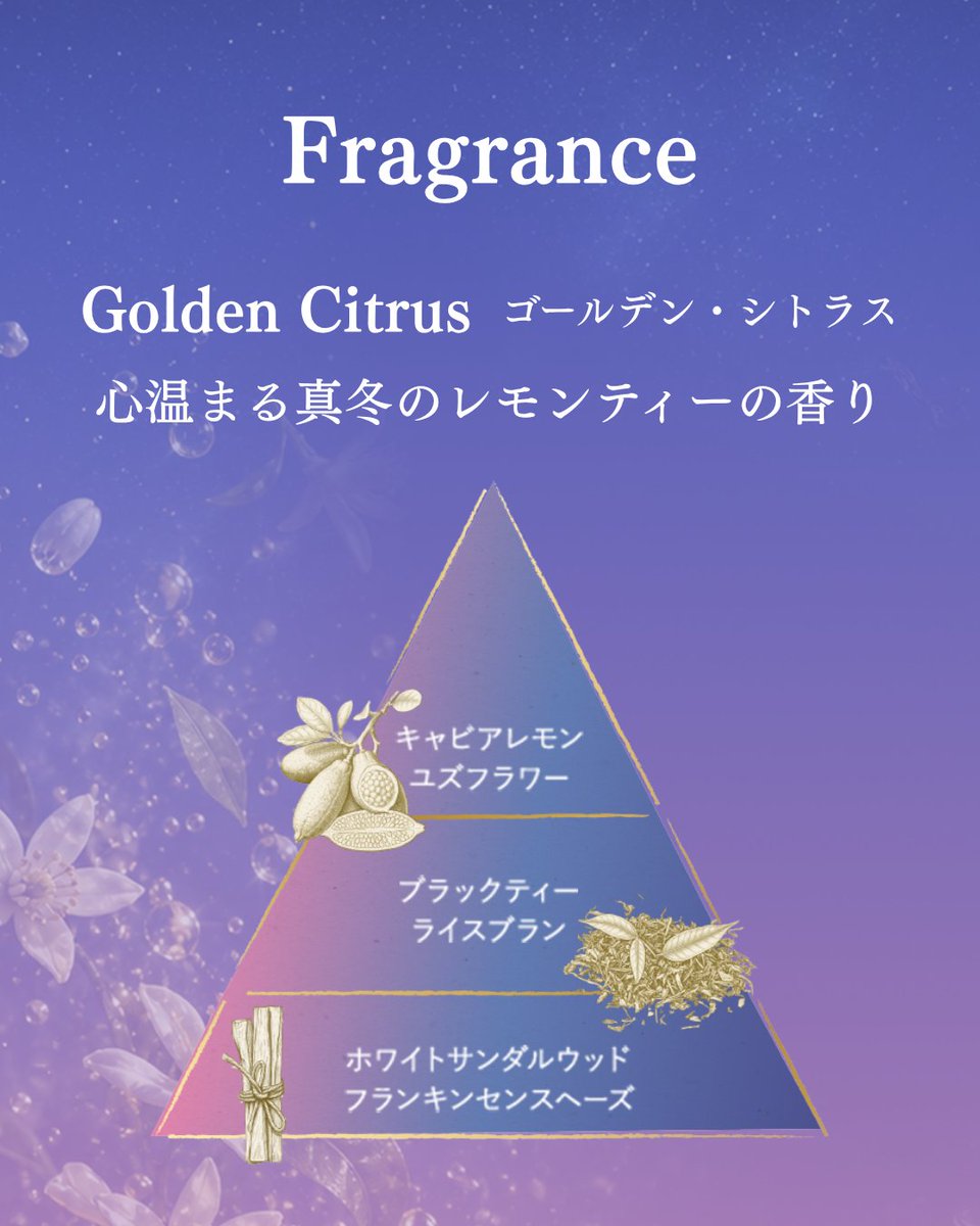 SABON_Japan's tweet photo. 今年のホリデーコレクション
「ゴールデン・シトラス」の香りをご紹介💐
心温まる真冬のレモンティーの香り🍋

キャビアレモンとユズフラワーが織りなす
みずみずしく輝くシトラスから始まり
やがて芳醇なブラックティーの香りが
やさしく広がります。

ラストにはホワイトサンダルウッドと
フランキンセンスが寄り添い
クリーミーでなめらかな余韻へ。

きらめきと温もりがやさしく溶け合う
この冬だけの特別な香りです。

#SABON
#サボン
#SABONホリデー
#ゴールデンシトラス
#真冬のレモンティーの香り