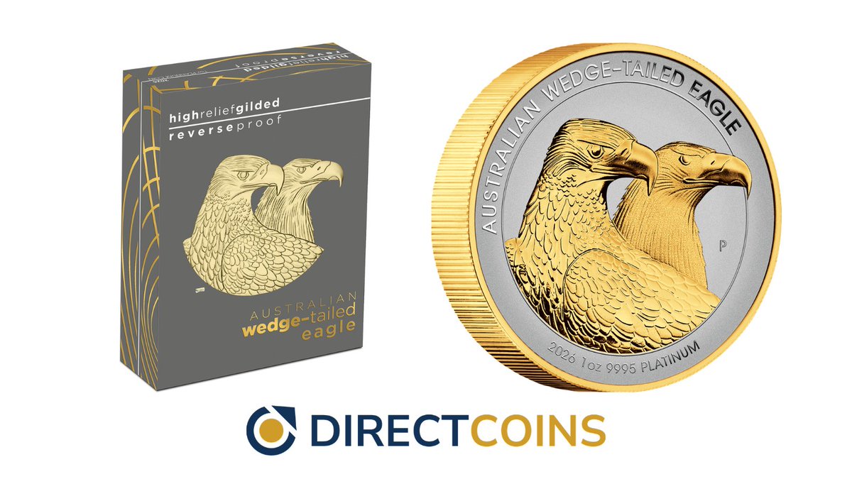 DirectCoins's tweet photo. Platinum, gilded in gold, in high relief.

Australian Wedge-Tailed Eagle 2026 1oz Platinum Enhanced Reverse Proof Gilded Coin. Extremely limited mintage of 150 worldwide.

$4,250 AUD at time of posting.

Direct Coins. Authorised distributor for The Perth Mint. https://t.co/PGgT3muVqT