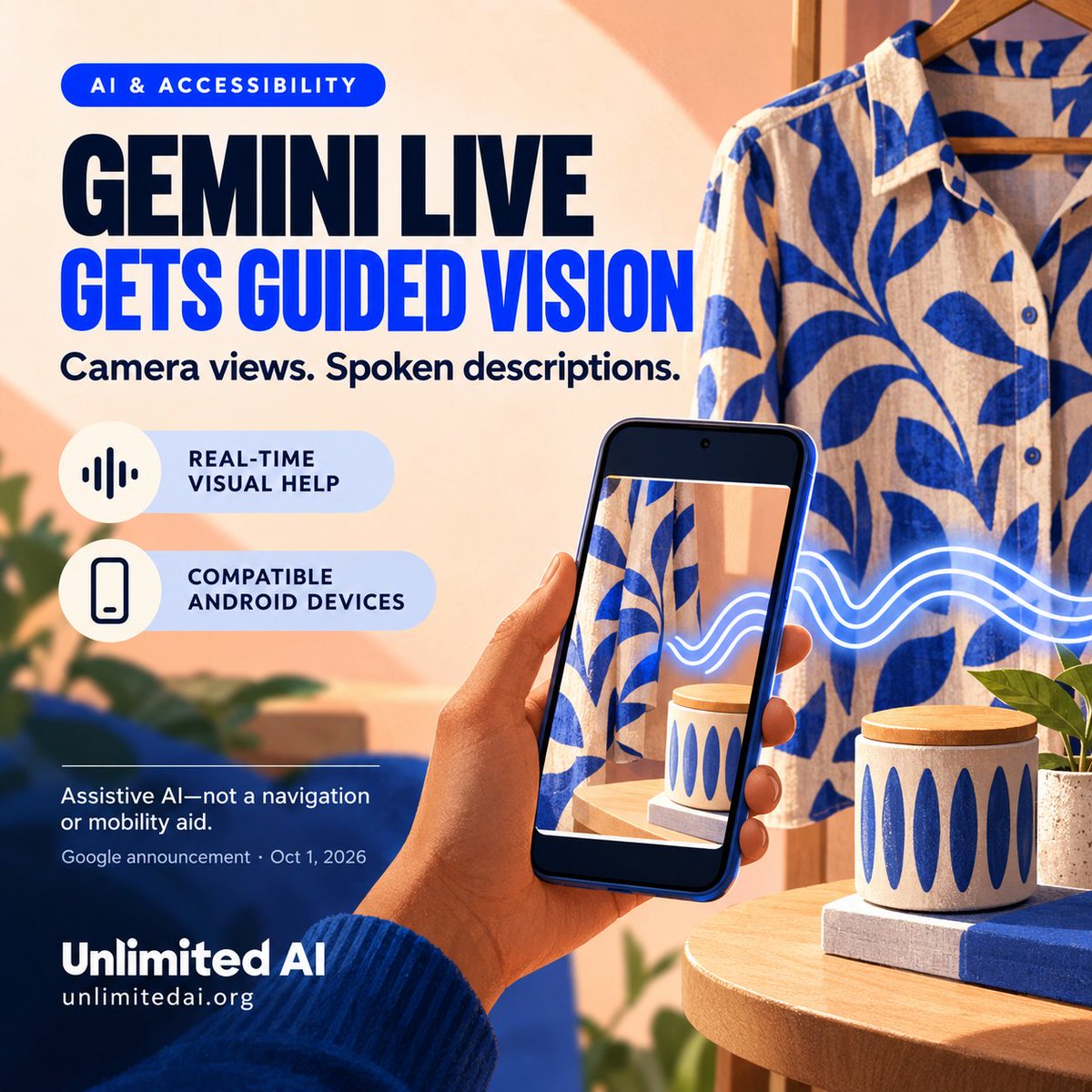 FreeAIPlatform_'s tweet photo. Google’s Guided Vision in Gemini Live offers spoken descriptions of camera views and reframing cues on compatible Android devices. Announced Oct 1. Assistive AI can make mistakes—it is NOT a navigation or mobility aid. Source: Google. #GeminiLive #AIAccessibility https://t.co/3eQqn8DtoL