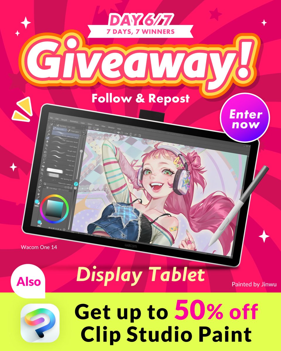 clipstudiopaint's tweet photo. Win a pen display✨

Tablet giveaway with 7 chances to win!

Just follow &amp; repost this post to enter.
One person will win per day. Enter on other platforms for more chances to win!
Ends Oct. 15, 8:00 am (GMT)
https://t.co/is23VB3wfj https://t.co/mk4cfBuFp7