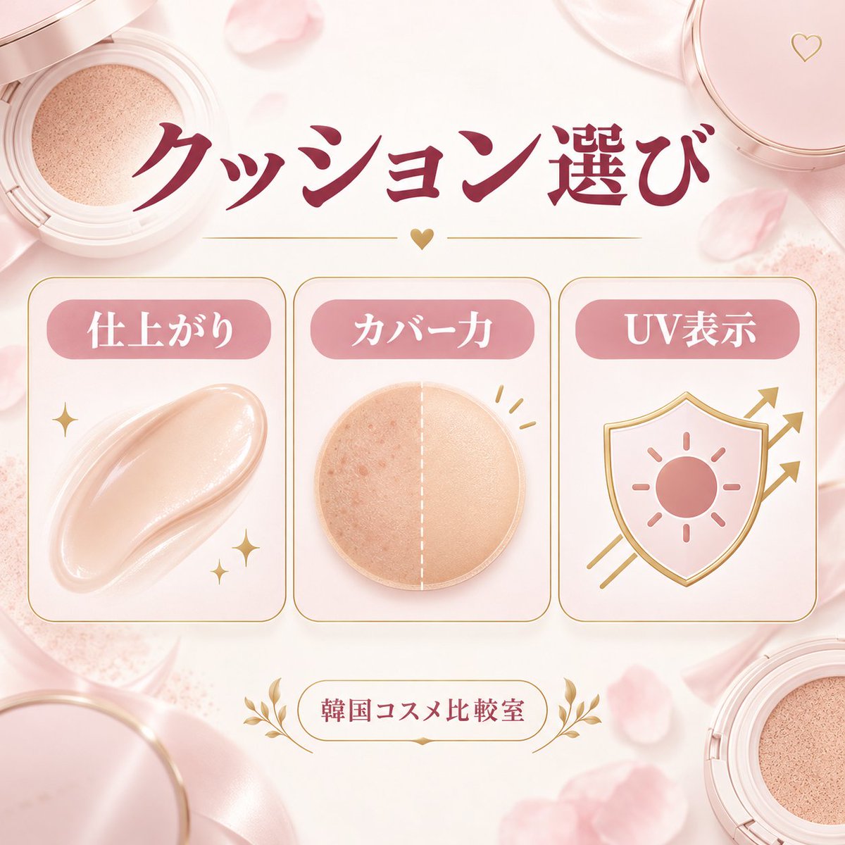 kcosme_select's tweet photo. クッションファンデ、口コミだけで選ぶ前に3点チェック🪞✨

①仕上がり（ツヤ／セミマット）
②カバー力
③SPF・PA表示

肌質や使う場面で相性が変わるから、比較して選びたい💗
みんなはツヤ派？セミマット派？👀

#韓国コスメ #クッションファンデ #ベースメイク #コスメ比較 #韓国メイク #美容情報 https://t.co/4fBVysbIwm