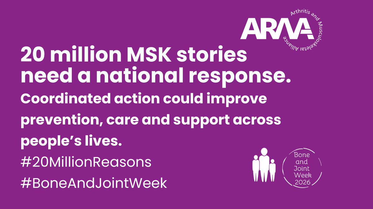 WeAreARMA's tweet photo. Yesterday we set out the scale: 20 million people living with MSK conditions in the UK.
Today, we're taking that message to Parliament, because these 20 million stories need a national response.
We’re calling for a cross-cutting MSK strategy that would help government deliver on prevention, healthy ageing, work and health, neighbourhood care and reducing inequalities. #20MillionReasons   #BoneAndJointWeek