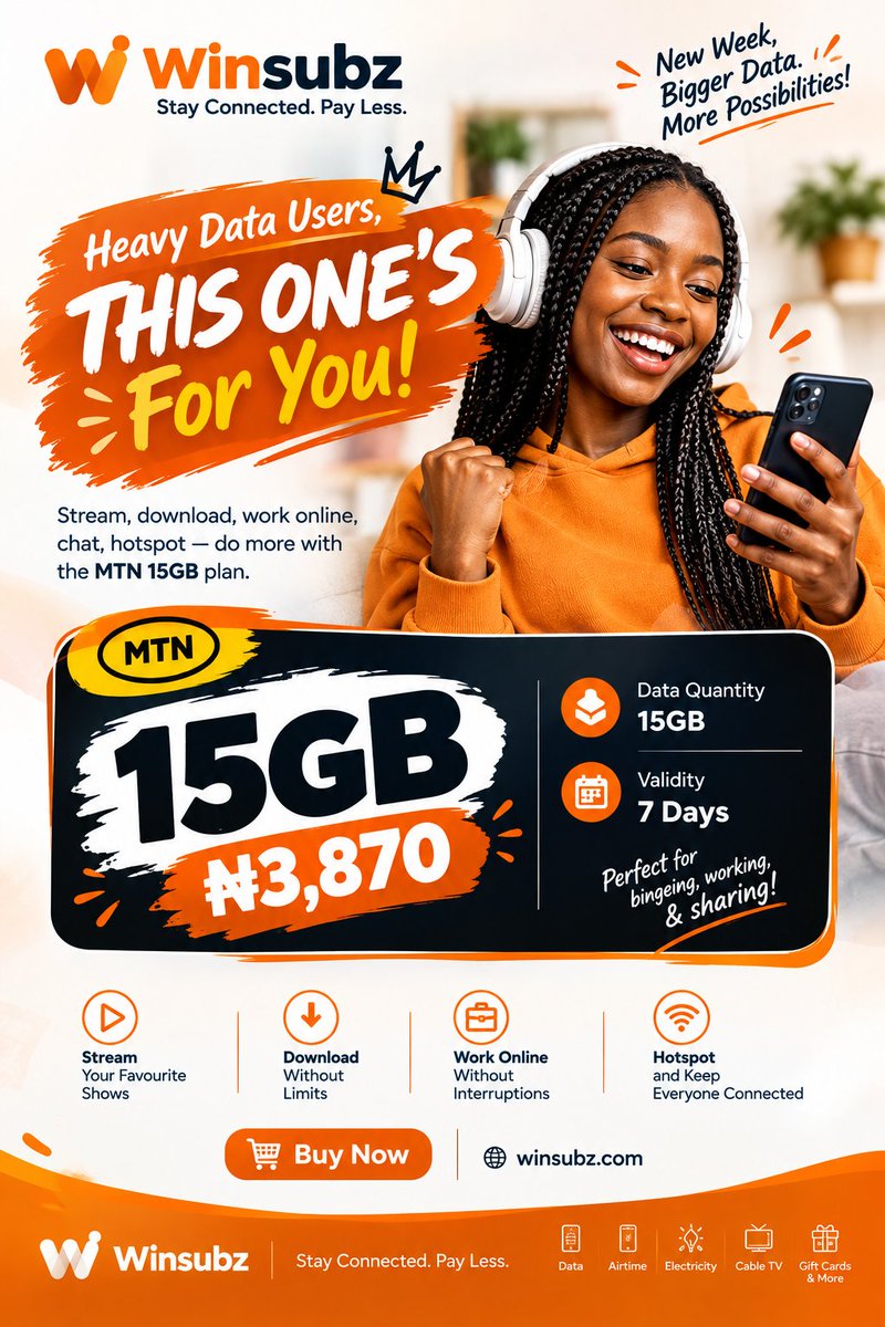 winsubz's tweet photo. @NigeriaStories MTN  users, get 15GB for just ₦1,870! Valid for 7 days. 📶

Buy now at 👉 https://t.co/jjcaF7nZph

#winsubz #MTNData #CheapDataNigeria #DataDeals #StayConnectedPayLess https://t.co/1wZOns3wWU