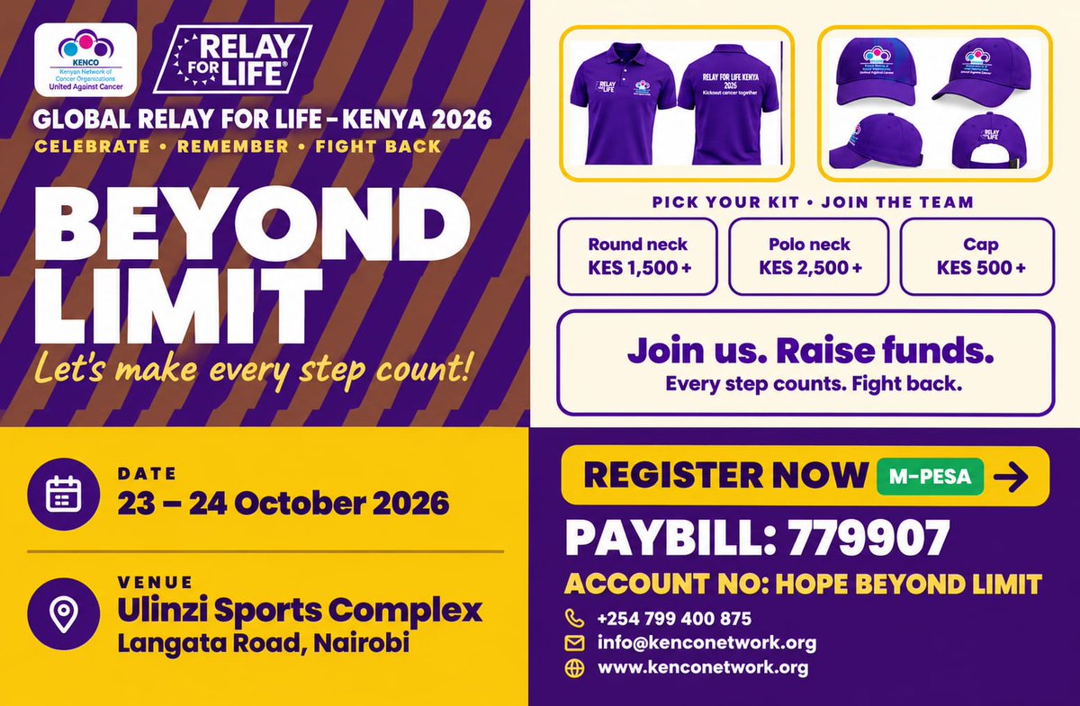 kenconetwork's tweet photo. Bring your squad!  24 hours of hope at #GlobalRelayForLifeKe 

📅 23–24 Oct 2026
📍 Ulinzi Sports Complex, Langata Road
👟 Form a team | 👕 Buy a T-shirt
📲 Register: https://t.co/YRpCpkygmU

Paybill: 779907 | Account: TEAM NAME
#PinkOctober 
#RelayForLife https://t.co/Mb1Xac9uYc