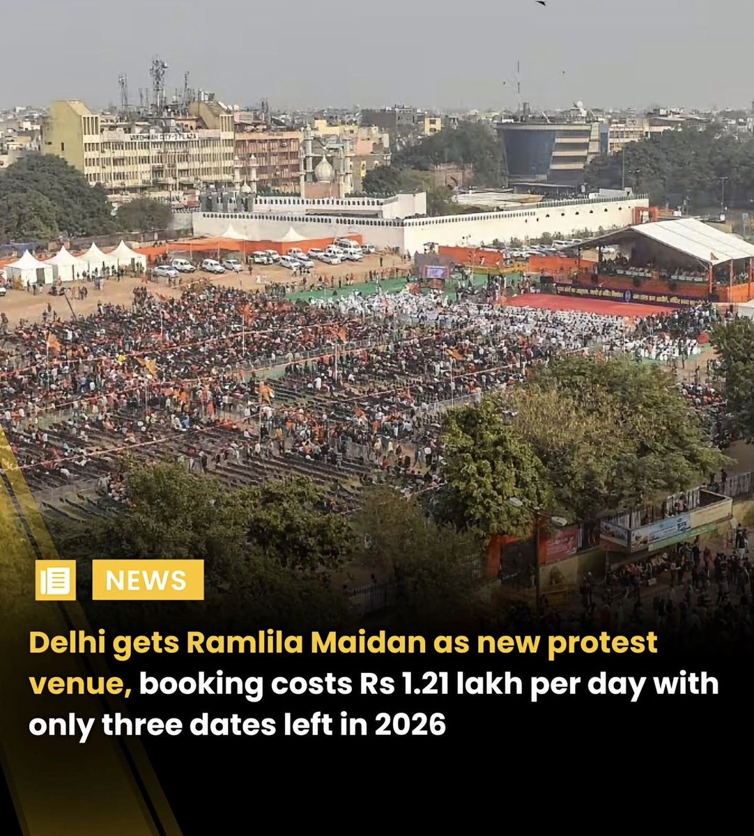 png60's tweet photo. Delhi has designated Ramlila Maidan as a new venue for protests, with bookings costing Rs 1.21 lakh per day.
The venue is nearly fully booked for 2026, with only three dates, December 29, 30 and 31, reportedly remaining available.
#Delhi #RamlilaMaidan #ProtestVenue #Protests https://t.co/yaAXwAYa0C