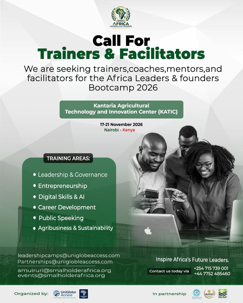 AUSPlatform_'s tweet photo. CALL FOR TRAINERS & FACILITATORS!
Are you a coach, mentor, or expert in leadership, entrepreneurship, AI, career development, public speaking, or agribusiness?
Apply now
📩 leadershipcamps@uniglobeaccess.com
#AfricaLeaders2026 #ALFS2026 #CallForTrainers #AfricanYouth https://t.co/i7vECR9V1T