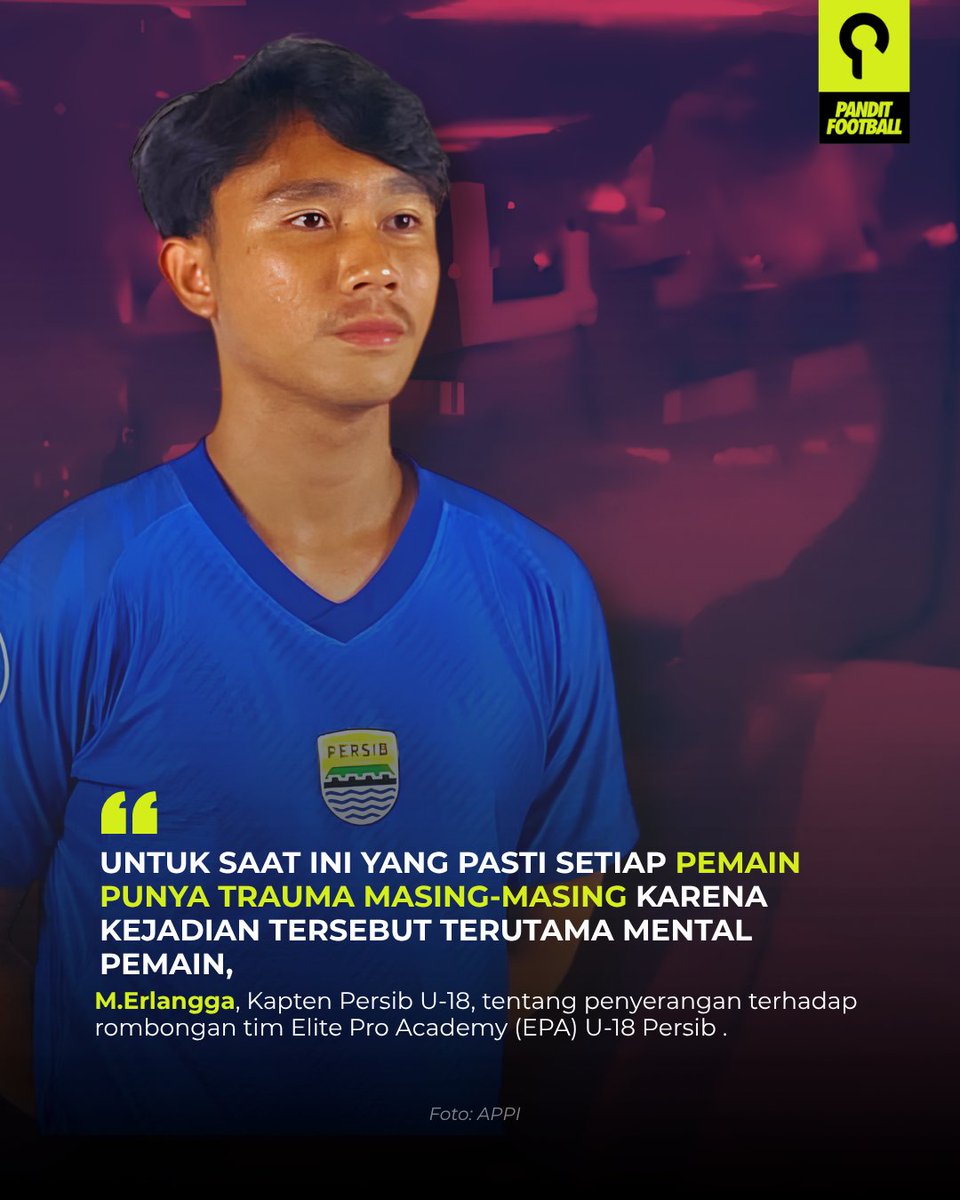 panditfootball's tweet photo. Kapten Persib Bandung U-18, M. Erlangga, mengungkapkan bahwa penyerangan bus rombongan tim oleh oknum suporter di Rest Area KM 360 Batang pada Minggu (11/10/2026) telah menimbulkan trauma mendalam serta mengguncang mental para pemain muda.

Atas insiden tersebut, ia berharap pengawalan untuk tim Elite Pro Academy (EPA) diperketat dan para suporter dapat bersikap lebih bijak di masa mendatang.