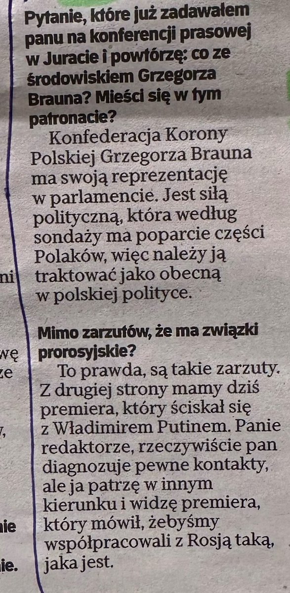 patrykmichalski's tweet photo. Karol Nawrocki w wywiadzie dla „Rz” nie chce mówić o wyjętych z putinowskiej propagandy poglądów Brauna, a zarzuca prorosyjskość Donaldowi Tuskowi. Jako były prezes IPN słowem nie krytykuje kłamstwa oświęcimskiego Brauna, a puszcza oko do tego środowiska w kontekście paktu senackiego. Słowem nie mówi o tym, że Donald Trump dziękował ostatnio Putinowi, a upominał walczącą Ukrainę. Tu nie ma nawet próby tłumaczenia środowisku MAGA, czym może się skończyć drałowanie z Rosją. Jest tylko bezpieczna i rytualna krytyka z przekazu dnia powtarzanego od lat. Choć teraz to środowiska bliskie prezydentowi dealują z Putinem.