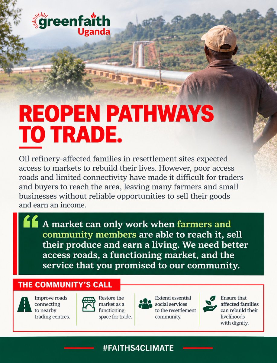 GreenfaithUg's tweet photo. 🧵A market without a marketplace.

In Kyakaboga, Hoima, a market built for oil refinery-affected families was handed over on 26 June 2025. The community, however, reports it unoperational. 
Stagnant market activity. Poor roads. Resettlement without access to economic opportunity! https://t.co/r3BQJETn47