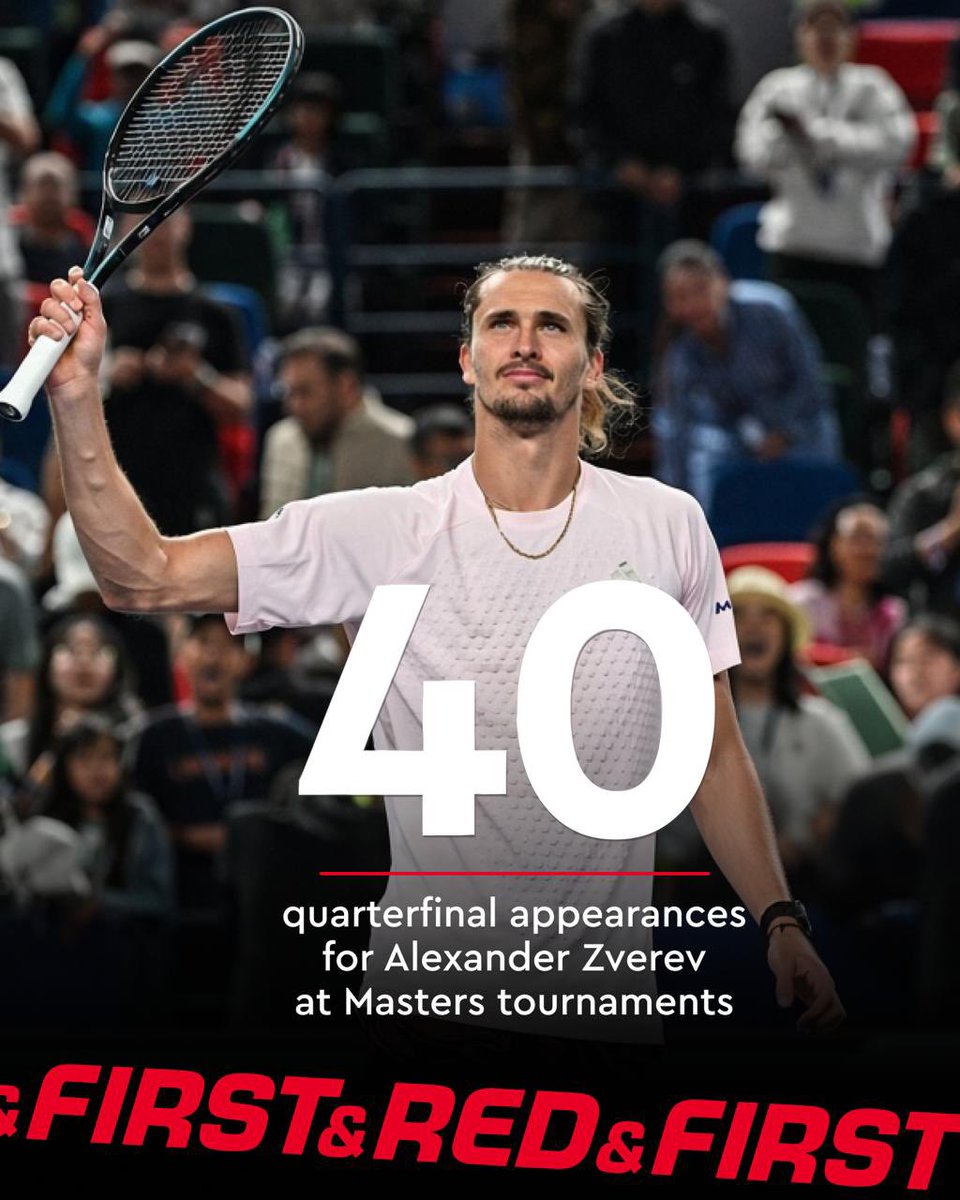 Firstandred's tweet photo. ⚡️ Zverev’s incredible season continues!

Alexander has become just the 9th player to reach 40 Masters quarterfinals, joining Nadal (99), Djokovic (97), Federer (87), Murray (51), Berdych and Ferrer (45), Sampras (45) and Agassi (44).

His next quarterfinal will be his 120th 🔝 https://t.co/grmEFN9dvu