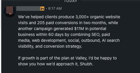 ShubhAgrawal26's tweet photo. If there's only one thing I would tell you to do, it is to stop sending outreach that starts with "we do XYZ." Or "we are the XYZ.."

Your messages need to start with "you" a lot more than "we" 

Imagine you're texting a girl - You're not going to say "Hey, I got so much money and six-pack abs. Is a healthy relationship a goal for you? "

Just say, "Hey I notice you've got pretty eyes and love the same anime as I do. We should talk."