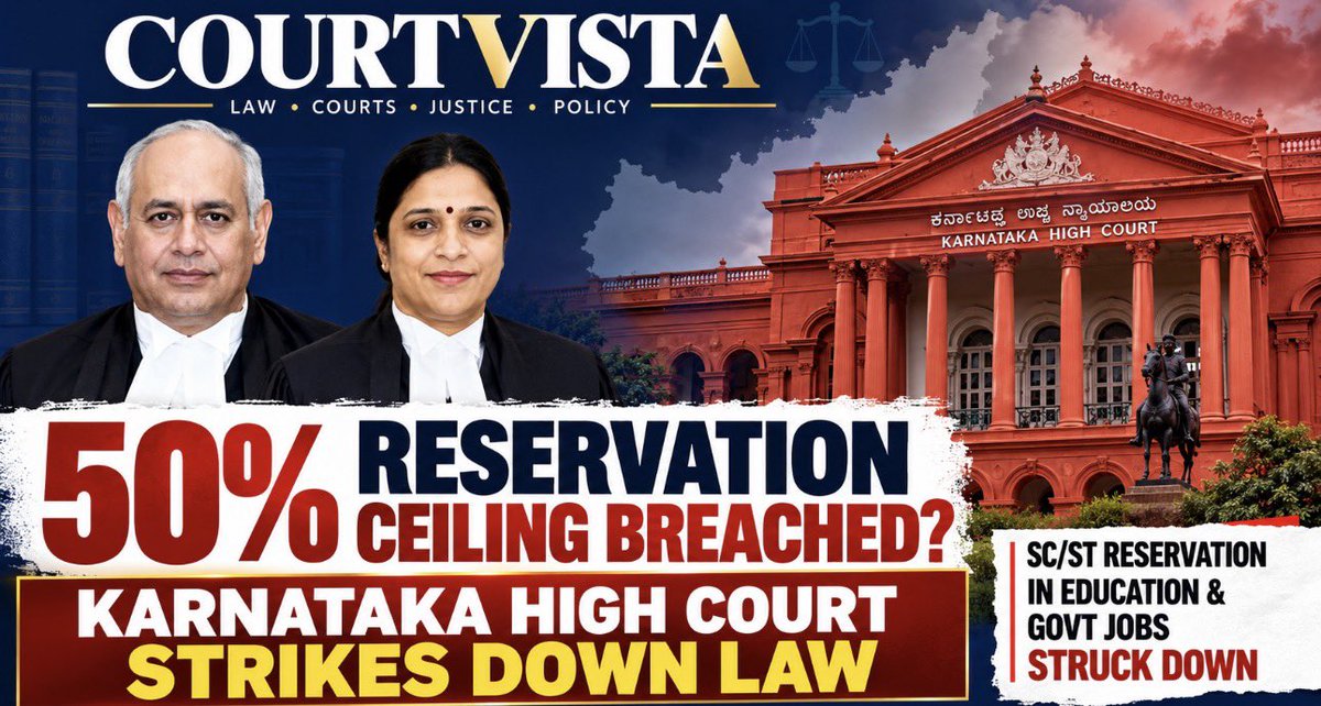Court_Vista's tweet photo. #BREAKINGNEWS | #COURTVISTA

KARNATAKA HIGH COURT STRIKES DOWN SC/ST RESERVATION LAW

The Karnataka High Court has struck down the Karnataka law that increased SC reservation citing the breach of the 50% reservation ceiling.

#KarnatakaHighCourt #Reservation #CourtVista https://t.co/ch0M5bXW6H