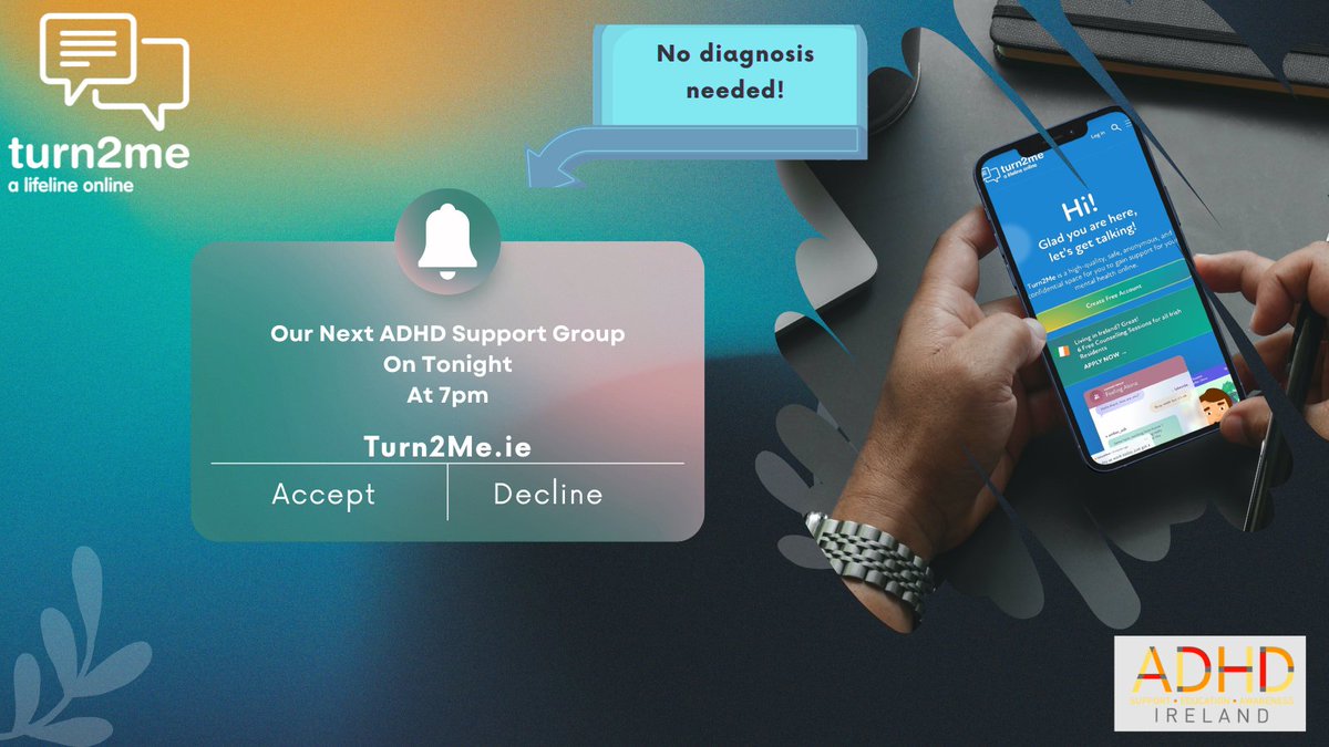 Turn2me's tweet photo. SPACES AVAILABLE: Our ADHD support group, with @adhdireland is on tonight at 7pm. We look forward to seeing you there! It's free, anonymous, and text-based—no diagnosis needed. Sign up at https://t.co/TZ16yFIxsC.

#ADHD #alifelineonline #wellbeing #mentalhealth #Turn2Me https://t.co/rTn3P44hu7