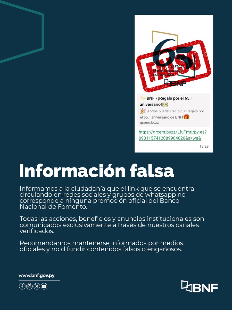 BNF_Py's tweet photo. Advertimos sobre la circulación de una información falsa publicada en redes sociales y grupos de WhatsApp sobre la supuesta entrega de premios por nuestro Aniversario Nº 65. Les recordamos la importancia de verificar siempre la información a través de nuestros canales oficiales https://t.co/g11npanlMN