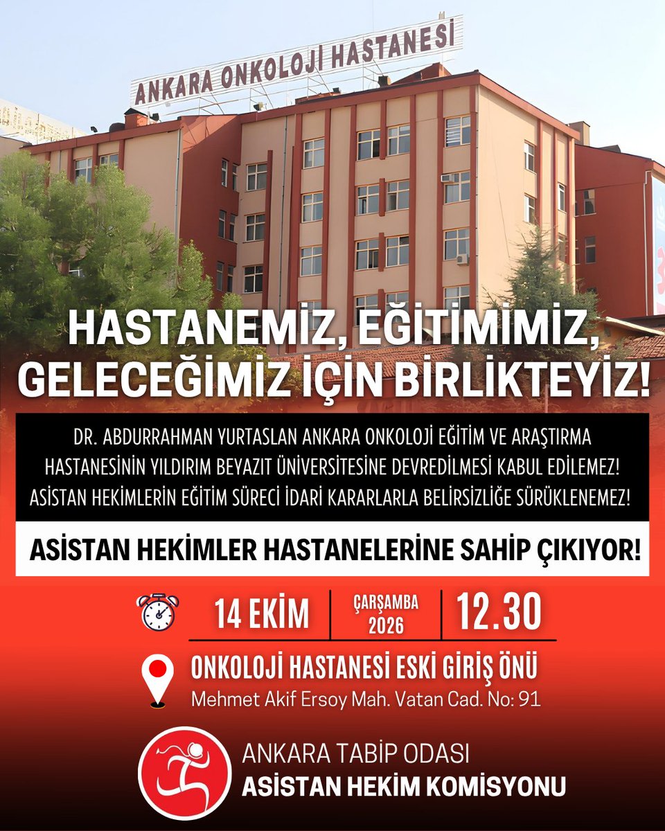 ankaratabipoda's tweet photo. Ankara Tabip Odası Asistan Hekim Komisyonu, Dr. Abdurrahman Yurtaslan Ankara Onkoloji Eğitim ve Araştırma Hastanesi'nin geleceğine ilişkin belirsizlik ve onkoloji hastanesi vasfının kaldırılarak Yıldırım Beyazıt Üniversitesi'ne devredilmesine yönelik basına yansıyan gelişmeler üzerine 13 Ekim 2026 tarihinde hastaneyi ziyaret ederek bildiri dağıttı.

Hekimlerin ve hastaların mağduriyet yaşamaması için sürecin takip edilmesinin ve dayanışmanın önemine dikkat çeken Komisyon üyeleri, genç meslektaşlarıyla bir araya gelerek asistan hekimlerin sorunlarının çözümü için ortak mücadelenin gerekliliğini vurguladı. Komisyon üyeleri ayrıca, 14 Ekim Çarşamba günü Hastanemi Açın Platformu tarafından düzenlenecek basın açıklamasına çağrıda bulundu.

https://t.co/L6kUZaDDxf