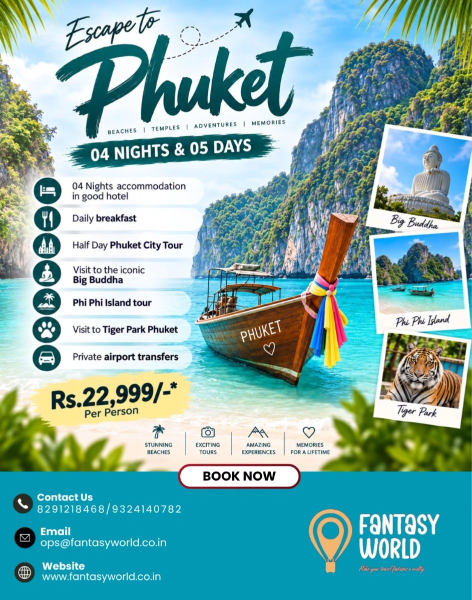 niggermann's tweet photo. Escape to Phuket with a 4 Nights, 5 Days package from ₹22, 999 per person. Includes hotel stay, daily breakfast, Phuket City Tour, Big Buddha, Phi Phi Island Tour, Tiger Park and private airport transfers. DM to plan your trip. https://t.co/cmLdwMxo2N