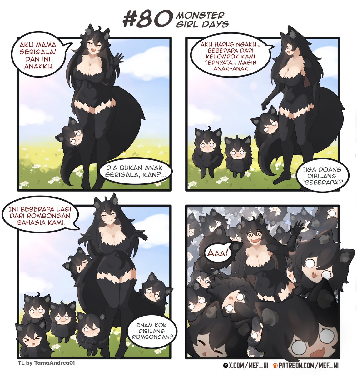 TamaAndrea01's tweet photo. インドネシア語の翻訳！
Terjemahan Bahasa Indonesia!

Artist: @mef_ni
TL: @TamaAndrea01

Mama serigala dan “rombongan”nya.

#MonsterGirl #WolfGirl #FamilyTime https://t.co/Ix9ZNFSWYR