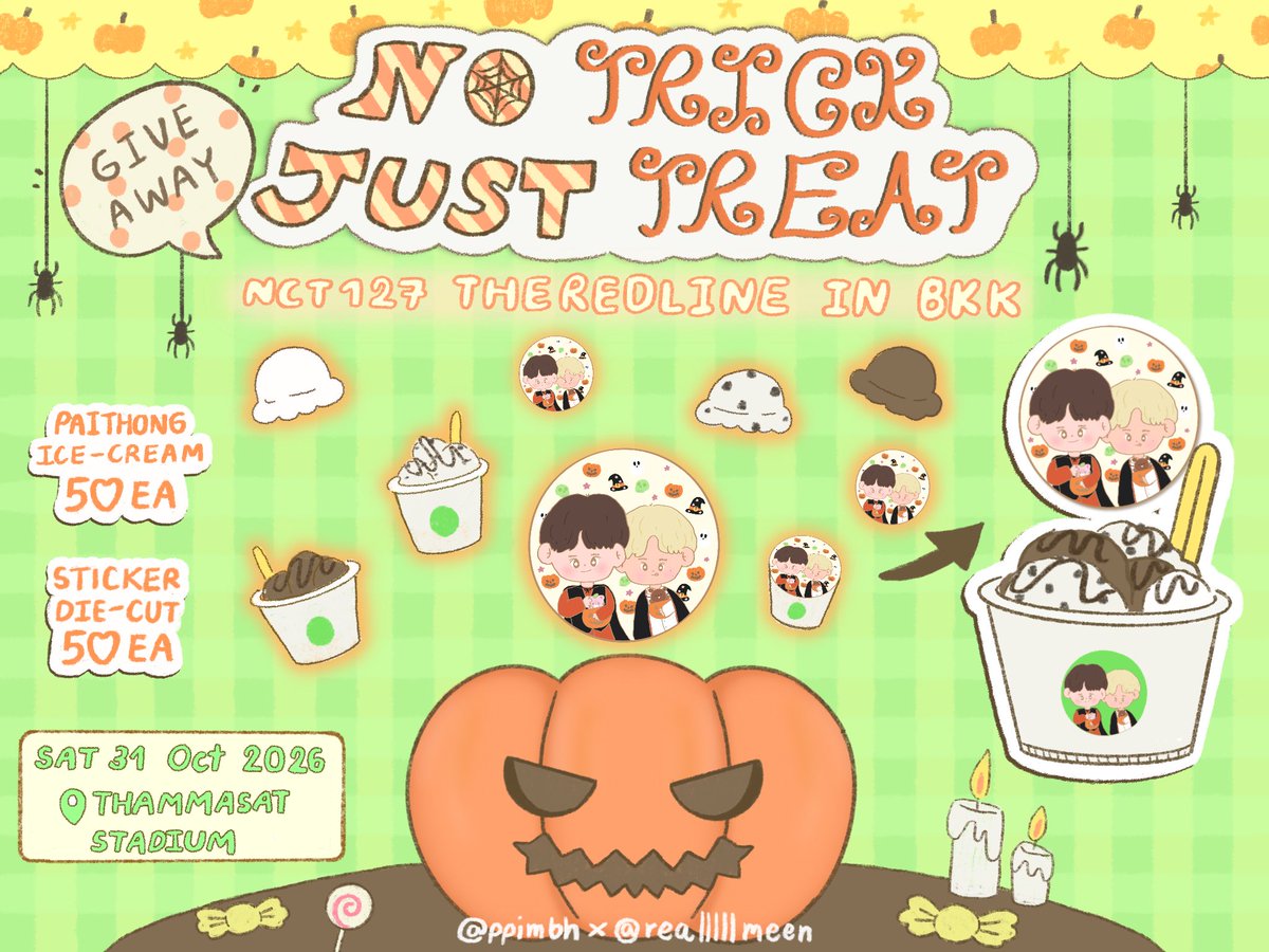 realllllmeen's tweet photo. — pls kindly rt 𑣲⋆

no trick just Treat for 127nctzen!💚👻 
#THE_REDLINE_BANGKOK 

🍨 PAITHONG ice cream + sticker (50 set) 🍑🐻

date : sat 31oct 
@ thammasat stadium

🎃rt &amp; show this tweet
#NCT127_5TH_NEOCITY_BANGKOK_THE_REDLINE #NCT127_5TH_NEOCITY_THE_REDLINE https://t.co/Duy8wp4pzy