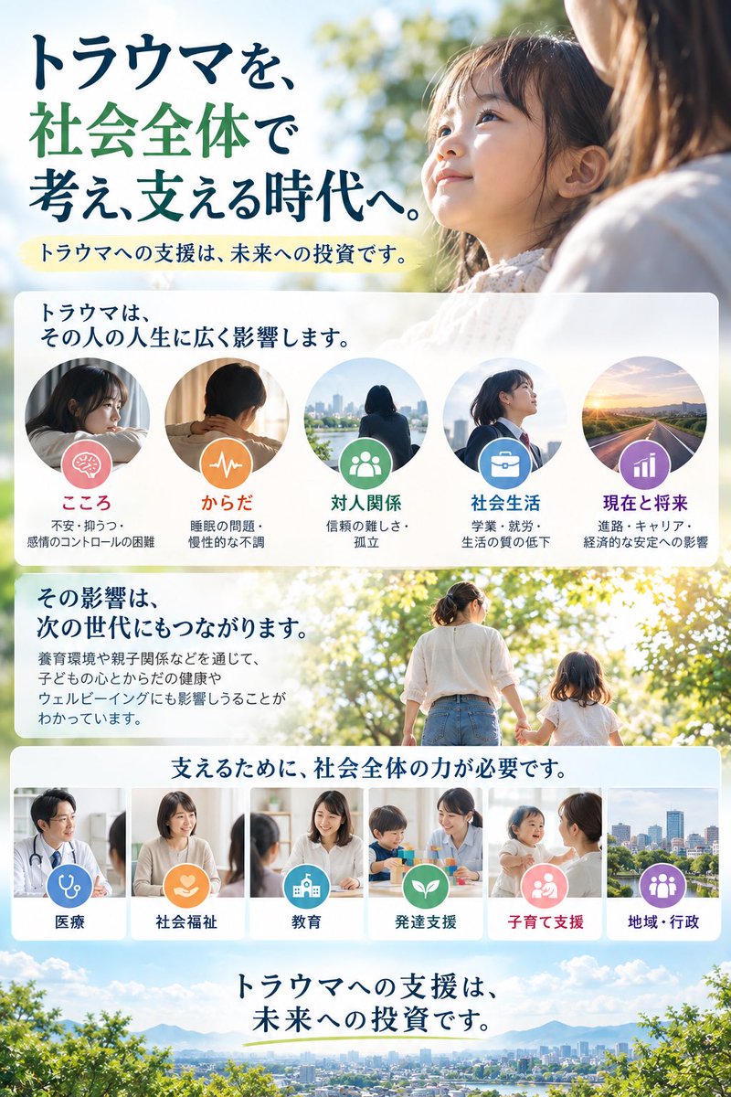 cpss4836's tweet photo. 「PTSDは身体疾患だ」というようなことを考えたことはあるけど、「身体の多系統損傷」という表現は、頷ける。

いずれにしても、その人の精神や社会生活（及び周囲の人たち）、現在や将来に大きな影響を及ぼすし、公衆衛生の観点からももっと考えられてよいと思う。

ましてや、次の世代の心・身体の健康＝ウェルビーイングにも影を落とす。

トラウマ支援の体制が、医療・社会福祉・教育・発達支援・子育て支援、…等々、様々な領域で整えられて欲しい。