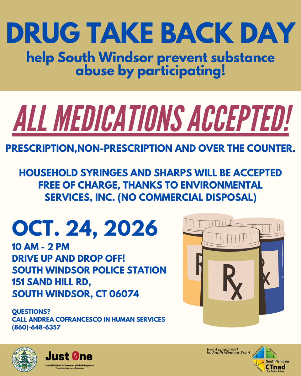 SWPD_PIO's tweet photo. Good morning #SW06074.  Our next community Drug Take Back Day is Saturday, October 24th, 2026, at the PD.  Thanks to Environmental Services Inc., we'll also accept syringes and sharps for disposal! https://t.co/VHo59StcOS