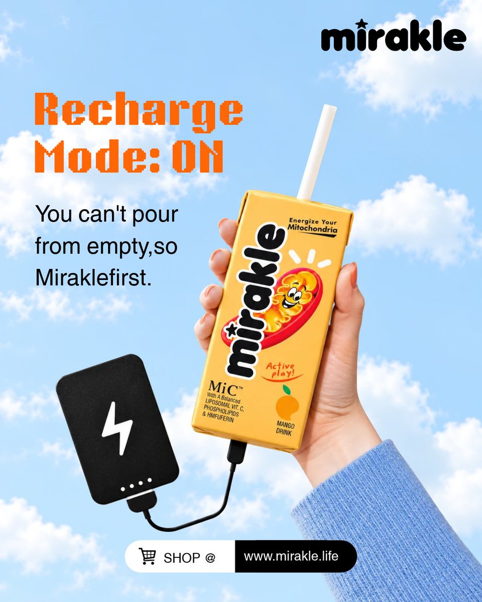 mirakledrink's tweet photo. Running on low battery? 🔋 Recharge with Mirakle’s chilled mango drink packed with 1000 mg Liposomal Vitamin C to help reduce tiredness and fatigue. 🥭⚡

Order at https://t.co/PHQWV9kn9i (link in bio).

#Mirakle #RechargeModeOn #VitaminC https://t.co/MdHv3Bkmeo