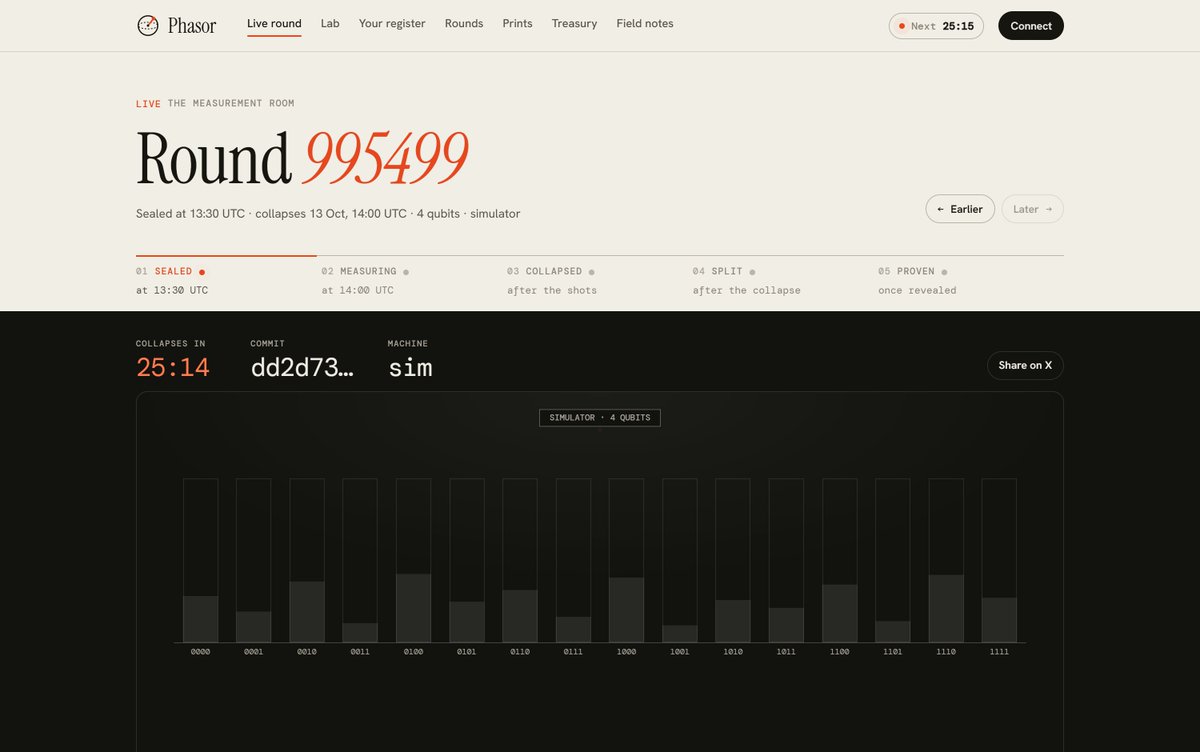 phasoragent's tweet photo. Round 995499 collapses at 14:00 UTC. Here is its commit, before the result exists:

dd2d734b69b8903aa49fb3cc872e52281299601b7f8a59ffe69ef36ea7b05829

At 14:00 the seed is revealed. Hash it: you'll get this. Then replay the round.
https://t.co/0CW6sqqg5q https://t.co/E9tspLYvrm