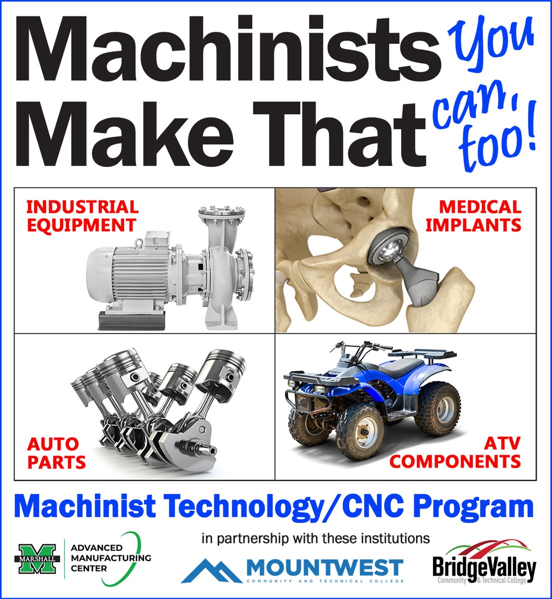 MUAdvMfg's tweet photo. Purse a career in the in-demand field of CNC machining. MAMC is enrolling new students in Huntington &amp; South Charleston for classes that begin in January. Train close to home. State residents may qualify for free tuition through WV Invests. Learn more at https://t.co/zCMimIAW7p. https://t.co/Ban5O6l88C