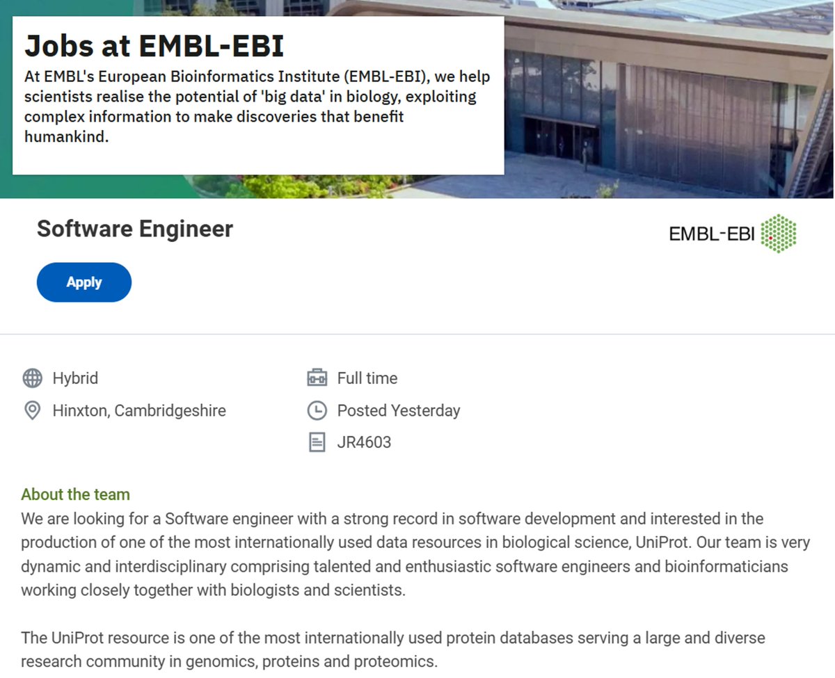 uniprot's tweet photo. We’re hiring.
Come join us as a backend software engineer in our data services and website team. 
Apply by 31st October 2026
The position is hybrid working, Cambridge, UK
https://t.co/JywSjp7O5y https://t.co/pHvr7liysF