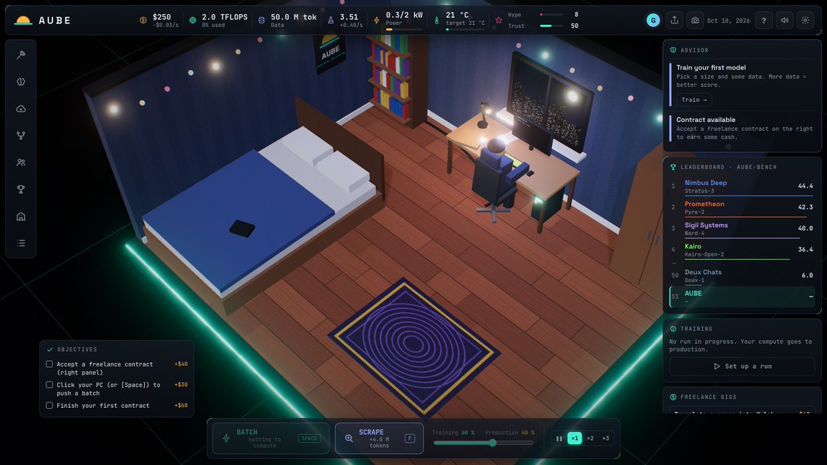 Balth05's tweet photo. I just released AUBE, a 3D tycoon about the AI race.

You start in your bedroom with an old PC. You end with a data center, a fusion plant and 50 rival labs behind you.

Free, in the browser, desktop and mobile 👇
https://t.co/BsQ7BVCeGA https://t.co/JSBEHTjyra